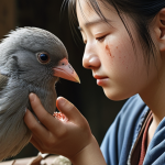 ** Shizuka tending to an injured bird with a gentle expression. Focus on her kindness and compassion for animals.

**