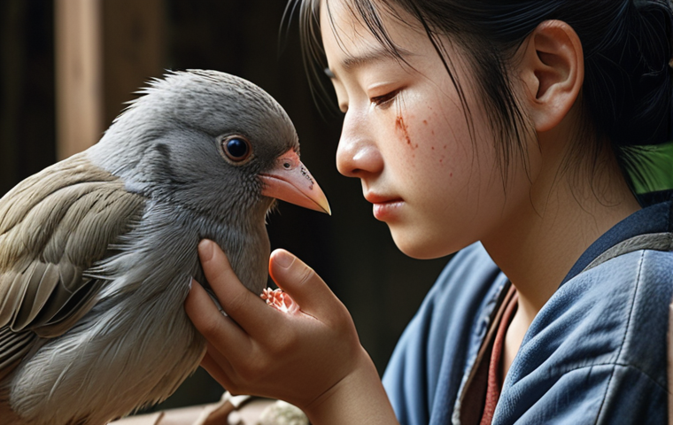 ** Shizuka tending to an injured bird with a gentle expression. Focus on her kindness and compassion for animals.
**