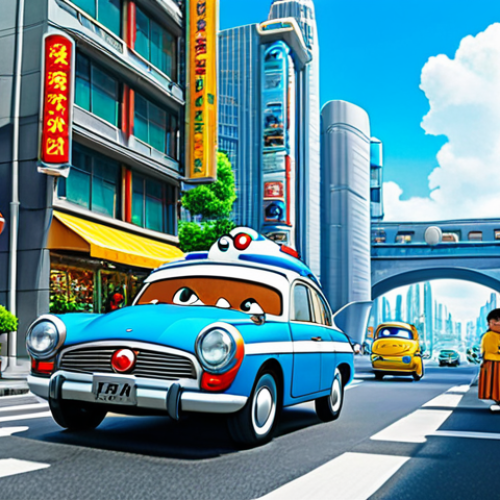 Home 25 **Doraemon and Nobita exploring a futuristic city**, fully clothed in their classic outfits, with flying cars and advanced technology, safe for work, family-friendly, perfect anatomy, natural proportions, professional illustration, high quality.