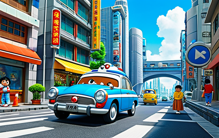 **Doraemon and Nobita exploring a futuristic city**, fully clothed in their classic outfits, with flying cars and advanced technology, safe for work, family-friendly, perfect anatomy, natural proportions, professional illustration, high quality.