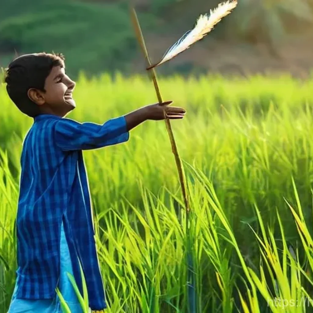 대나무 헬리콥터의 원리 - **Prompt:** A young Indian child, around 8-10 years old, filled with pure joy and wonder, stands in ...