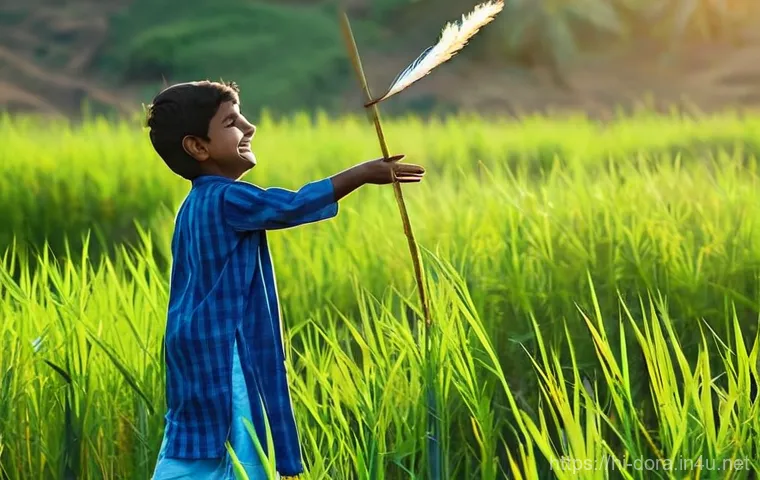 대나무 헬리콥터의 원리 - **Prompt:** A young Indian child, around 8-10 years old, filled with pure joy and wonder, stands in ...